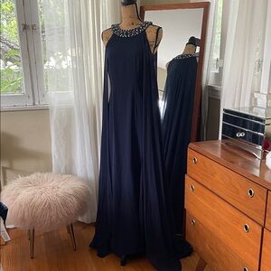 Vince Camuto Navy Maxi Dress with Embellished Neckline